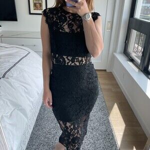 Alexis Bodycon Lace Paneled Midi Dress Black Small